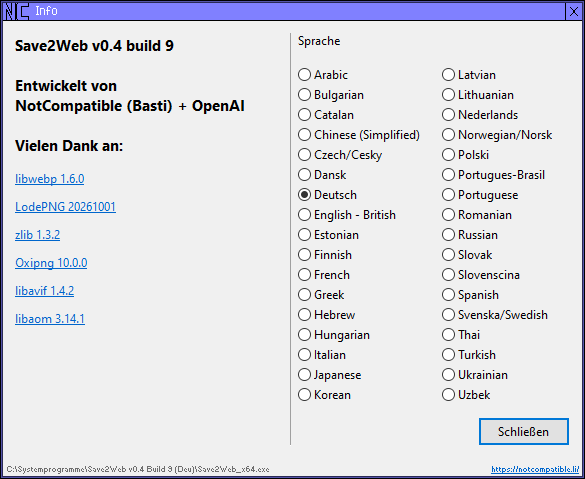 Save2Web x64 v0.4.8 Aboutfenster